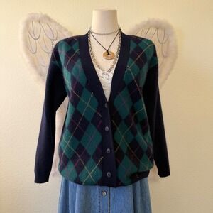 Retro Preppy Argyle VNeck Cardigan Sweater Navy Green Lambswool Angora Academia